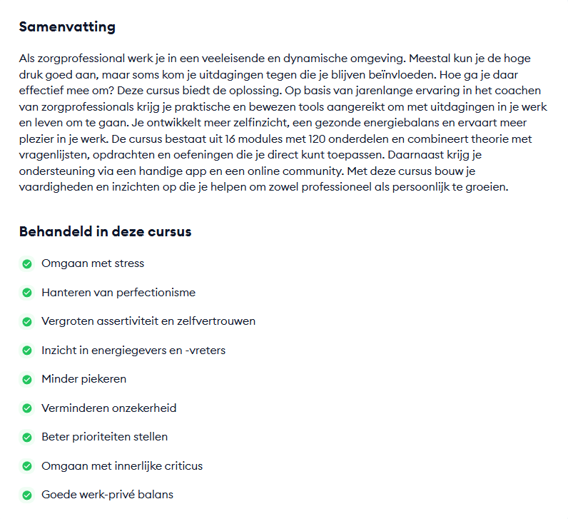Interactieve leeromgeving online cursus persoonlijke ontwikkeling zorgprofessionals