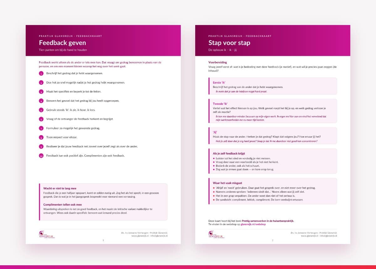 Feedbackkaart van Praktijk Glansreijk met tien punten voor feedback geven en de opbouw ik - ik - jij
